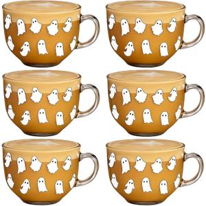 Sliner 6 Pcs Halloween Glass Coffee Mugs with Handle, 16 oz Clear Irish Coffee Mugs Halloween Ghost Footed Irish Glasses Cups for Beverages Latte Hot Chocolate(Ghost)