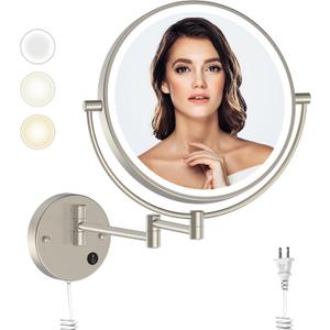 Rocollos 9" Plug-in Wall Mounted Lighted Makeup Mirror 1X/10X Magnification, Super Large Double Sided LED Vanity Mirror for Bathroom, 3 Color Dimmable 360Swivel Extendable Shaving Cosmetic Mirror