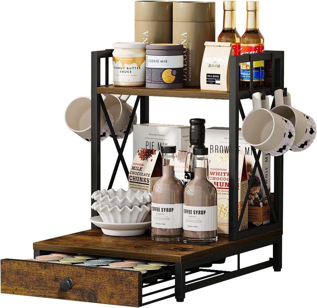 Coffee Pod Holder with Drawer, 35 K Cup Holder Organizer, 3 Tier Coffee Station Organizer, Coffee Bar Accessories Organizer Rack with 4 Hooks for Home Office