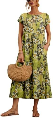 Larmliss Baggy Crew Neck Dress for Women Summer Casual Comfy Cotton Short Sleeve Tunic Beach Maxi Dresses with Pockets Size 2XL