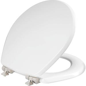 Mayfair Bennett Toilet Seat with Brushed Nickel Hinges, Slow Close Wood Seat, Secure Metal Hinges, Easy Install, Made in USA, Round, White