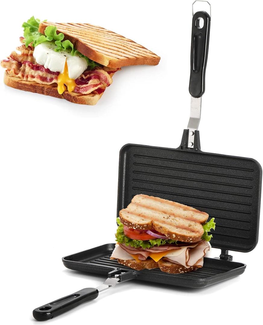 SOUJOY Sandwich Maker, Non-stick Grill Panini Maker Pan with Handle, Stovetop Toasted Aluminum Flip Pan Indoor Outdoor Camping Home Kitchen Breakfast