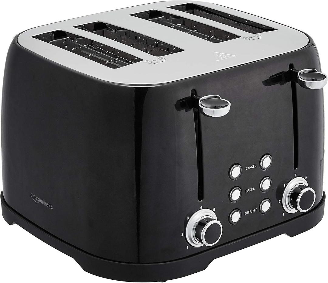 Amazon Basics 4 Slice Toaster with 4 Slots, 6 Browning Settings, Defrost, Removable Crumb Tray, Bagel Function, Cancel Button, 1600W, Black