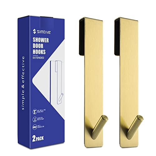Simtive Extended Shower Door Hooks (7-Inch), Over Door Hooks for Bathroom Frameless Glass Shower Door, Towel Hooks, 2-Pack, Gold
