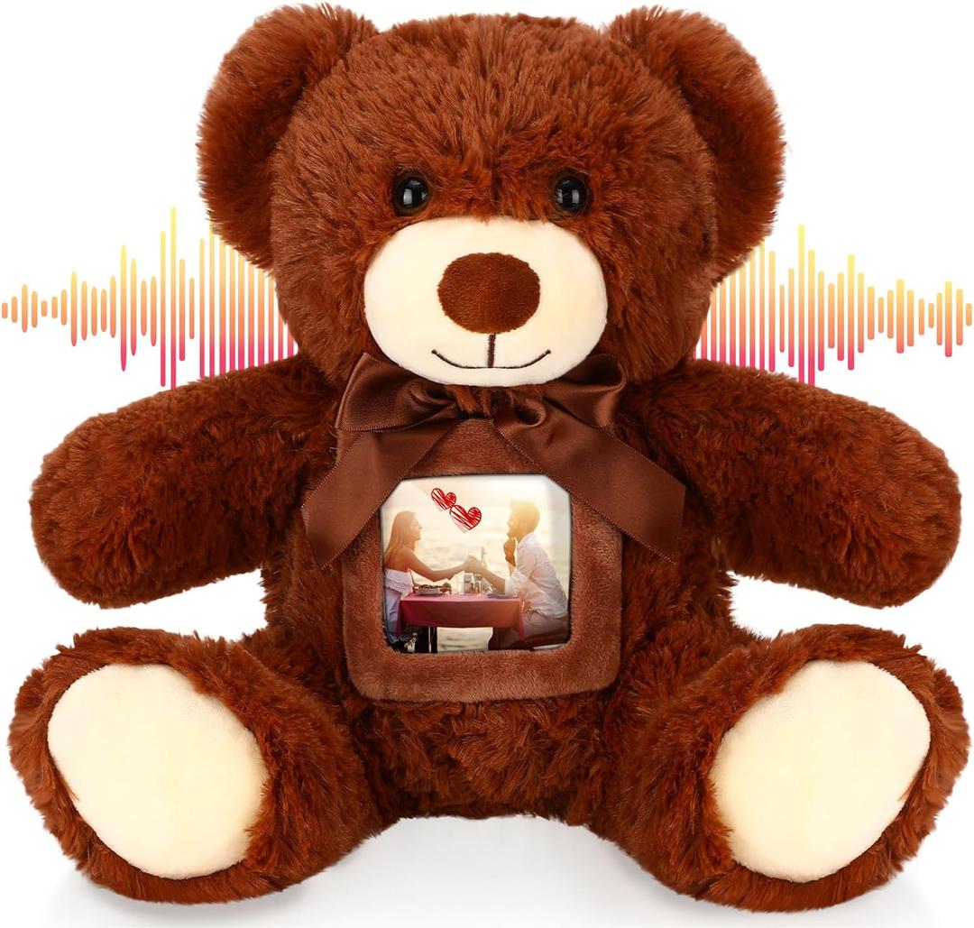 Libima 14 Inch Remembrance Bear Plush Stuffed Animal with Recorder Soft Doll Fabric Animal Toy with a Picture Frame for Baby Shower Wedding Birthday Graduation Gift(Dark Brown)