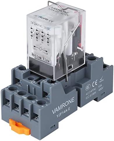 Electromagnetic Power Relay, 14-Pin 5 AMP 12V AC Relay Coil with Socket Base, LED Indicator, 4PDT 4NO 4NC - MY4NJ [Applicable for DIN Rail System]
