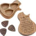 Engraved Personalized Wood Guitar Picks Box, Shaped Plectrum Container with 3 Standard Picks (To Dad)