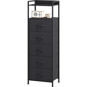 Somdot Tall Night Stand for Bedroom,Tall 5 Drawers Dresser, Vertical Storage Tower Unit, Nightstand Furniture with Fabric Drawer Organizer in Bedside Kids Dorm Room Closet Laundry Entryway,Black