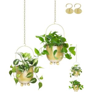 AceList Boho Gold Metal Hanging Planters, Set of 2 with Hooks & Chains - Versatile Wall & Ceiling Window Hanging Planters for Indoor/Outdoor Dcor (Modern 4.3 Inch)