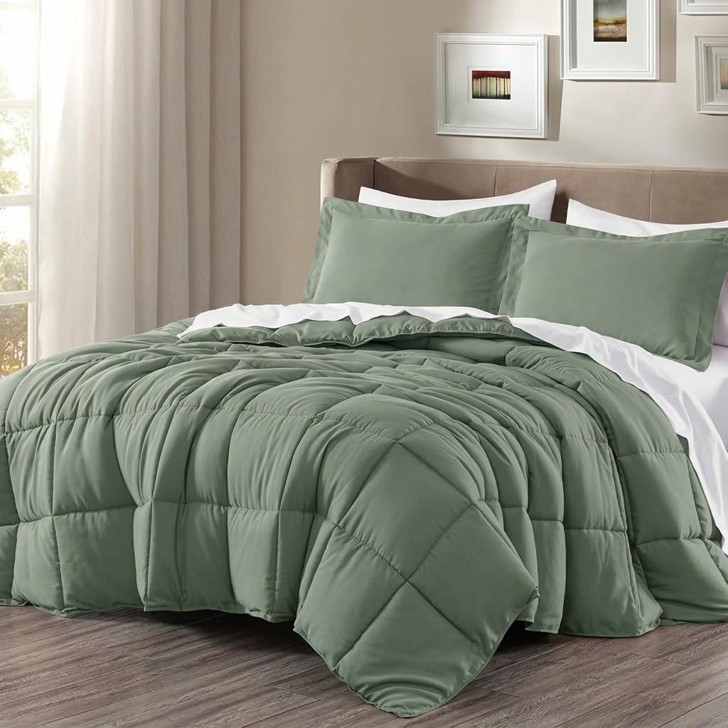 TRP 3-Piece Luxury Microfiber Fluffy Down Alternative Comforter Set Queen Size | Plush Soft Cozy Sage Green Solid Color Box Stitch Pattern Fall Western Bedding | Lightweight Fuzzy Texture Piped Edges
