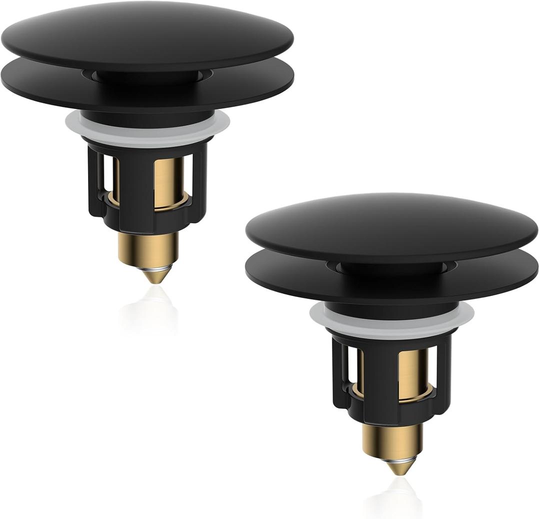iFealClear 2 Pack Universal Bathroom Sink Stopper, Pop Up Sink Drain Strainer with Hair Catcher Basket, Fit 1.1"-2.36" US Basin, Wash Basin Drain Plug, Big Cover Cap, Brass Bounce Core, Matte Black