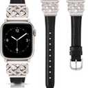 TOYOUTHS Leather Band Compatible with Apple Watch Bands Women 38/40/41/42mm Dressy Slim Thin Leather Strap with Designer Interlock Buckle for iWatch Series 10/9/SE/8/7/6/5/4/3/2/1, Black+Starlight