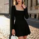 Womens Long Sleeve Faux Pearl Black Mini Dress Square Neck A Line Elegant Short Wedding Party Dresses (Black, L)