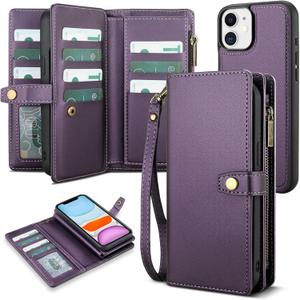 TwoHead for iPhone 11 Wallet Case with Card Holder & Detachable Magnetic Phone Case, PU Leather Wallet with Wrist Strap (Deep Purple)
