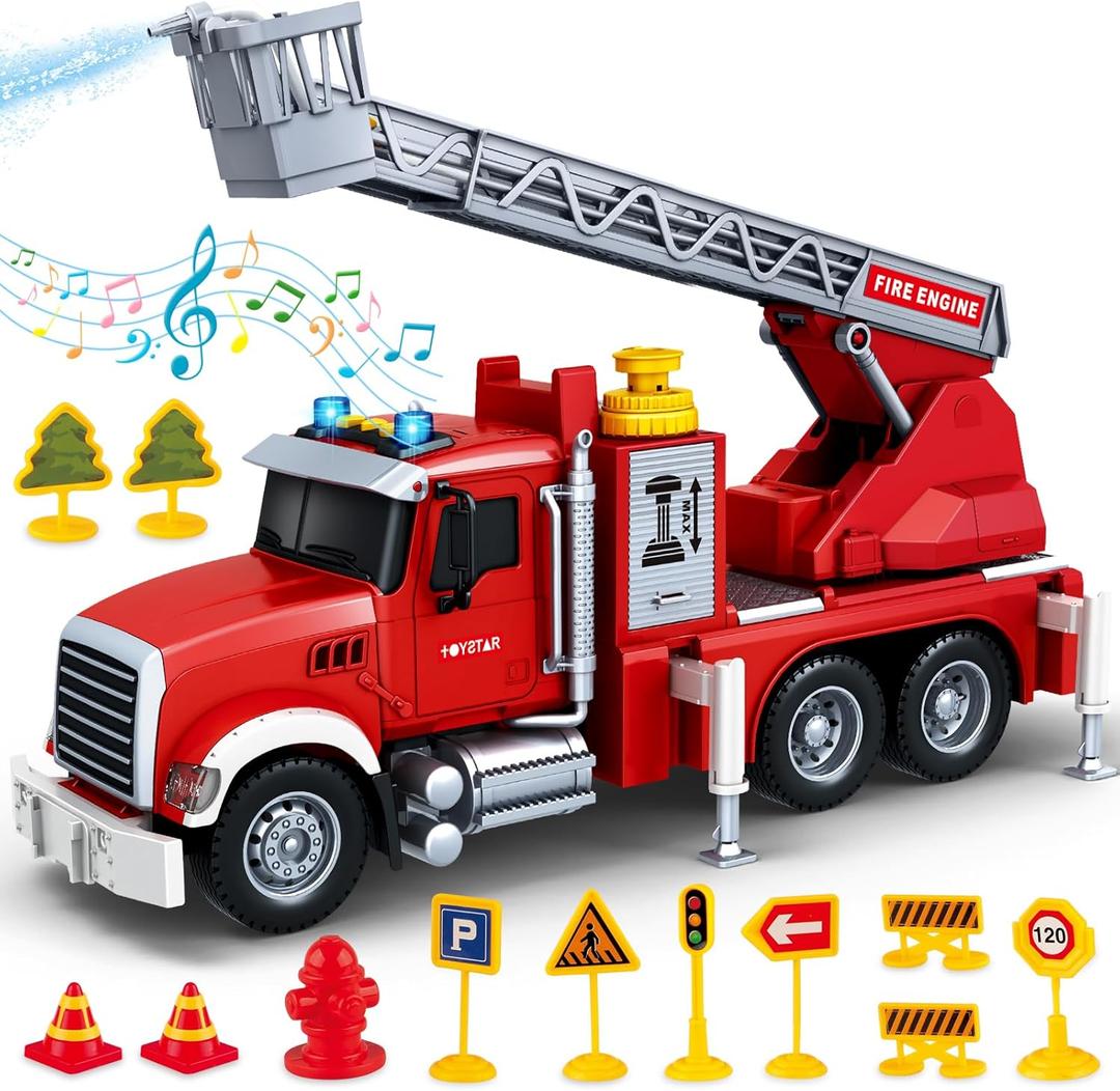 SpringFlower Toy for 3 4 5 6 Years Old Boy,Large Fire Truck Toy with Lights & Sounds, Ladder Fire Truck with Shooting Water for Toddlers and Kids, Gifts for Boys & Girls