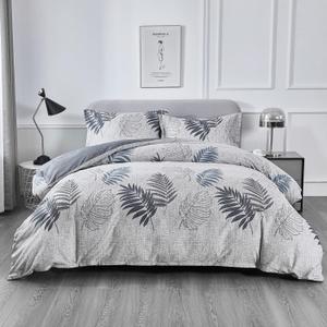 OAITE Duvet Cover Set,100% Cotton Comforter Cover with Leaf Pattern Duvet Cover Set,Soft Bedding Set Includes with 3 Piece (2 Pillow Shams,1 Duvet Cover) (Queen-90" x 90", Grey Blue-leaves)