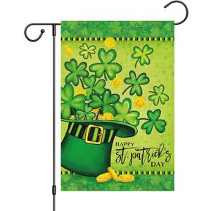 Louise Maelys Happy St Patrick's Day Garden Flag Green Hat with Shamrock Clover 12x18 Inch Double Sided Small Burlap Welcome Spring Holiday Yard Outdoor Flag Outside House Decor (Only Flag)
