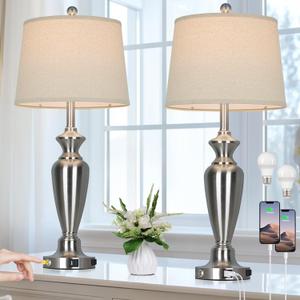 Cinyirong 30" Tall Silver Table Lamps Set of 2 for Living Room, 3-Way Dimmable Touch Control Bedside Lamps for Bedroom Nightstand with USB A+C Ports & AC Outlet (2 LED Bulbs Included)
