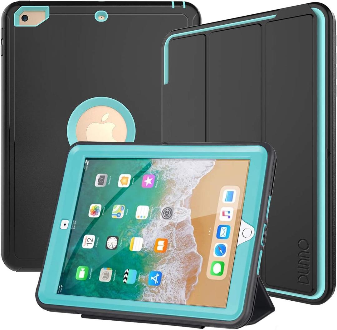 DUNNO Case Compatible with iPad 6th/5th Generation 9.7-Inch 2017/2018, Three Layer Heavy Duty Full Protection Case with [Auto Sleep/Wake] Stand Design for iPad 5/6 Generation (Black+Light Blue)