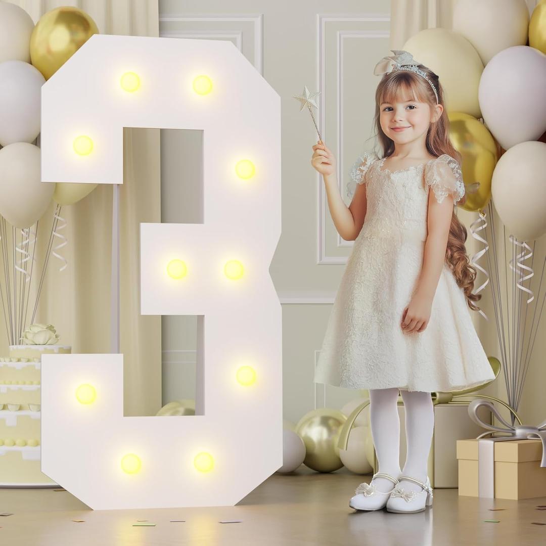4FT Marquee Numbers, Big Light Up Numbers for 3rd 30th Birthday Decorations Warm Light Marquee Numbers 4 Feet Tall for Anniversary Party Decor, Number 3