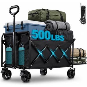 Collapsible Wagon Cart, 300L Folding Wagon with Tailgate & Brakes