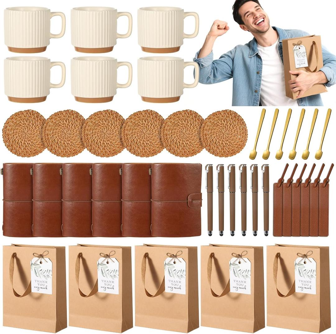 6 Sets Kraft Baby Shower Prizes for Game Winners Party Favor Gifts for Guests Ceramic Mugs Spoons Woven Coasters PU Notebooks Bookmarks Pens Kraft Bags and Tags Set Wedding Bridal Shower Favors(Brown)