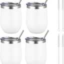 12 oz Insulated Wine Tumbler with Lid and Straw,Stainless Steel Stemless Wine Tumbler Glasses Double Wall Vacuum Wine Cups Tumbler Bulk for Coffee,Cocktail,Office (White,4)