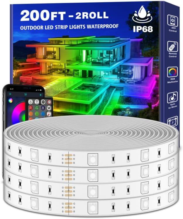 LETIANPAI 200ft Outdoor LED Strip Lights Waterproof 1 Roll,IP68 Outside Led Light Strips with App and Remote,Music Sync RGB Exterior Rope Self Adhesive Back for Deck,Balcony,Pool