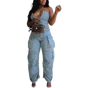 Tbahhir Women's Sexy Off Shoulder Tube Denim Cargo Jumpsuits Wide Leg Baggy Loose Jean Pants Rompers Overalls Medium
