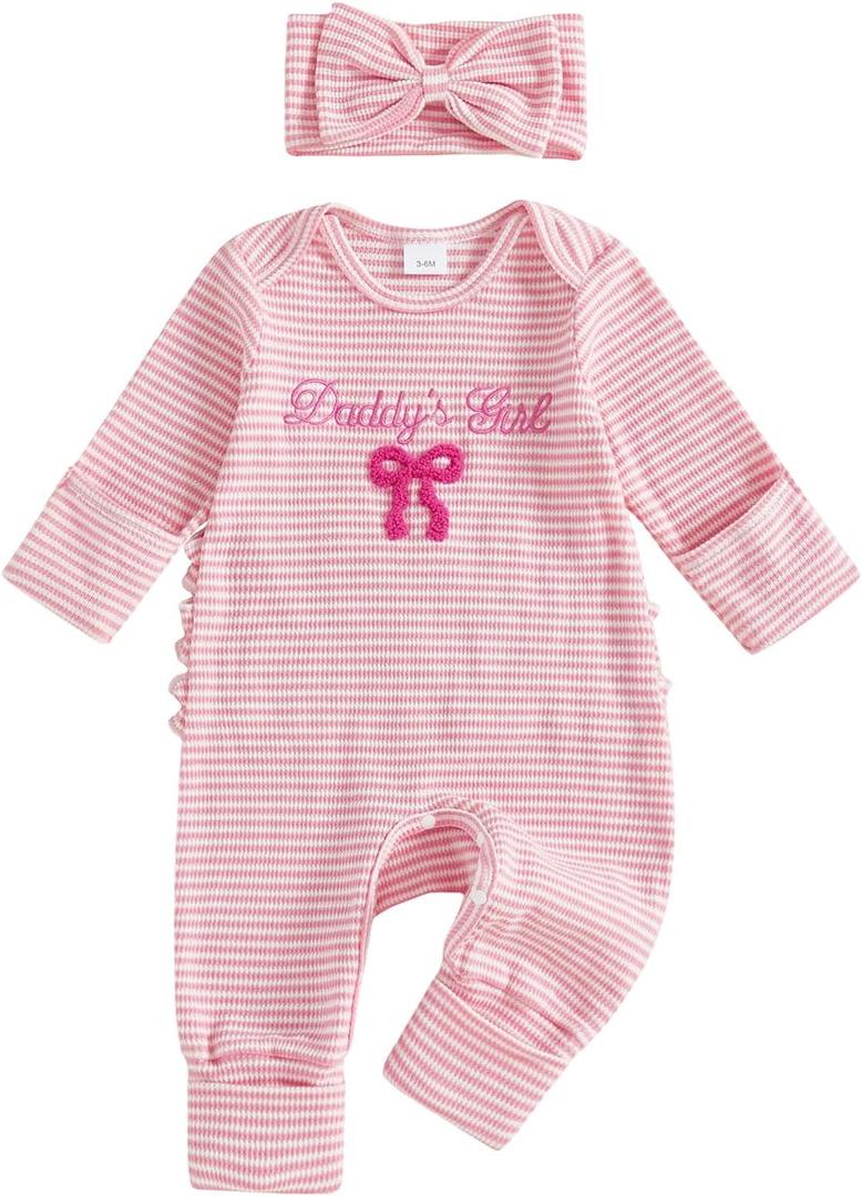 Baby Girl Winter Clothes Newborn Preemie Going Coming Home Outfit Ruffle Mitten Sweater Romper Cute Knit Jumpsuit (3-6 Months, Daddys Girk Bow Pink)