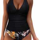 SUUKSESS Women Sexy Halter Tankini Bathing Suits Slimming Tummy Control High Waisted Swimsuits 2 Piece (Black, L)