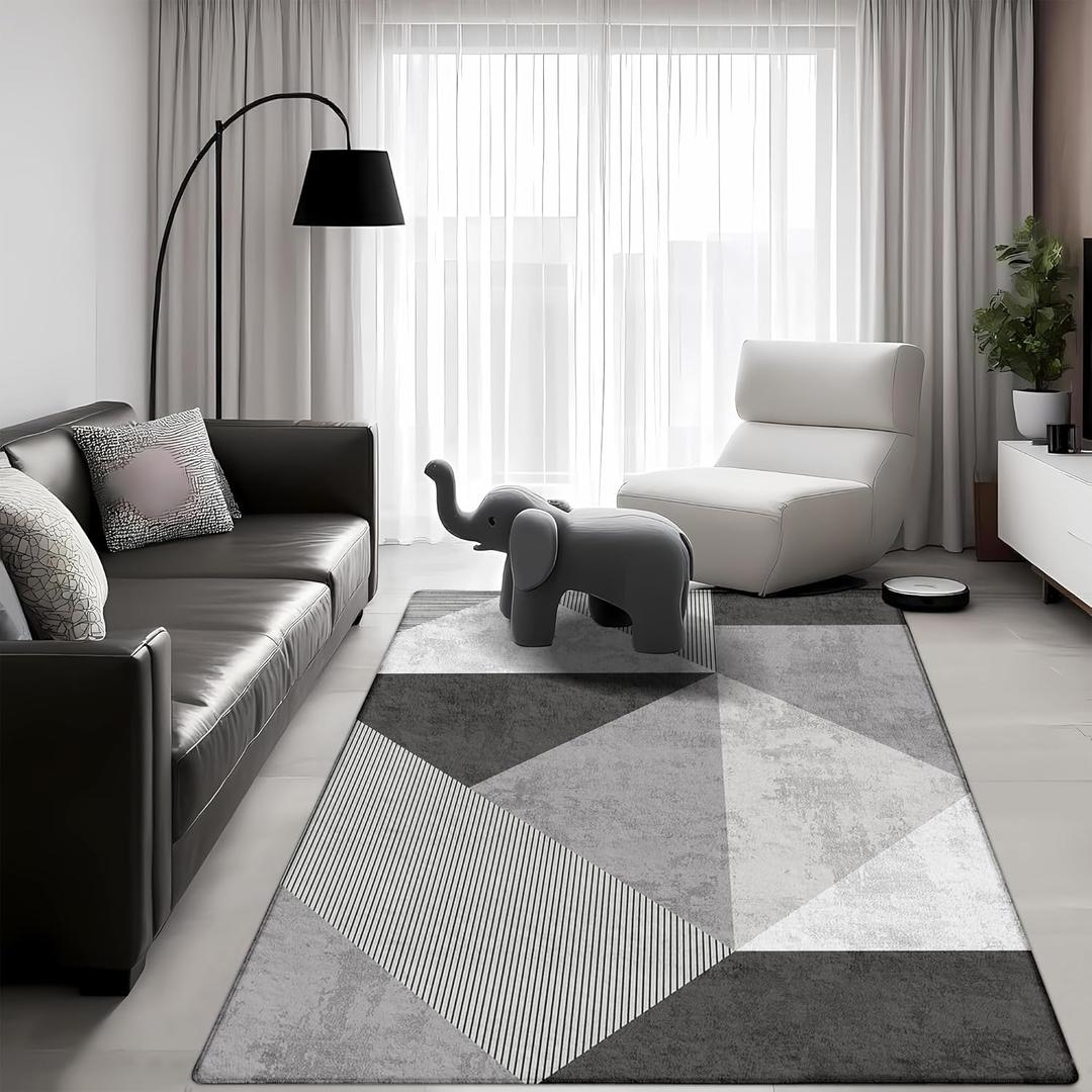 3x5 Area Rug Bedroom, Black Grey White Modern Geometry Area Rugs, Soft Machine Washable Contemporary Floor Carpet for Indoor, Non-Slip Square Low Pile Area Mat for Office Kitchen Decor