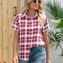 Veatzaer Women's Plaid Short Sleeve Button Down Shirt Casual Summer Blouses Tops X-Large, Pink