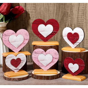 6 Pcs Valentine's Day Decor Wooden Heart Shaped Table Signs Farmhouse Wood Heart Table Decorations Sign Standing Wooden Tiered Tray Decoration for Valentine Day Ornaments(Classic)