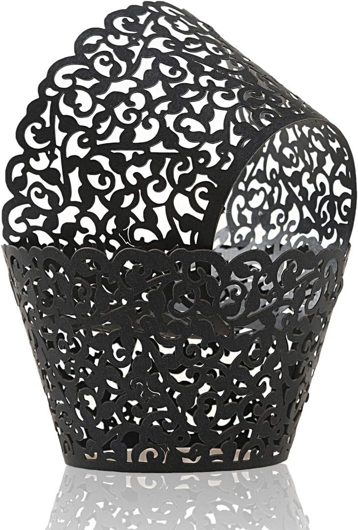 KPOSIYA Pack of 120 Cupcake Wrappers Artistic Bake Cake Paper Cups Vine Designed Laser Cut Cupcake Wraps Baking Cup Muffin Case Trays for Wedding Baby Shower Party Birthday Decoration (120, Black)