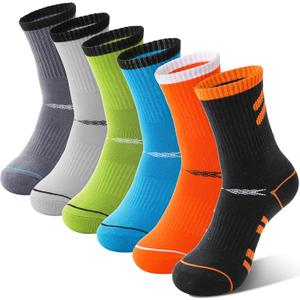 Sandsuced 6 Pairs Kids Boys Socks Athletic Basketball Sport Youth Crew Cotton Soft Breathable Socks for Outdoor (9-15 Years, Oblique Stripes)
