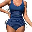 ZAFUL Tankini Swimsuits for Women Twist Front Tummy Control High Waisted Bikini Sets Two Piece Bathing Suits(1-Deep Blue, S)
