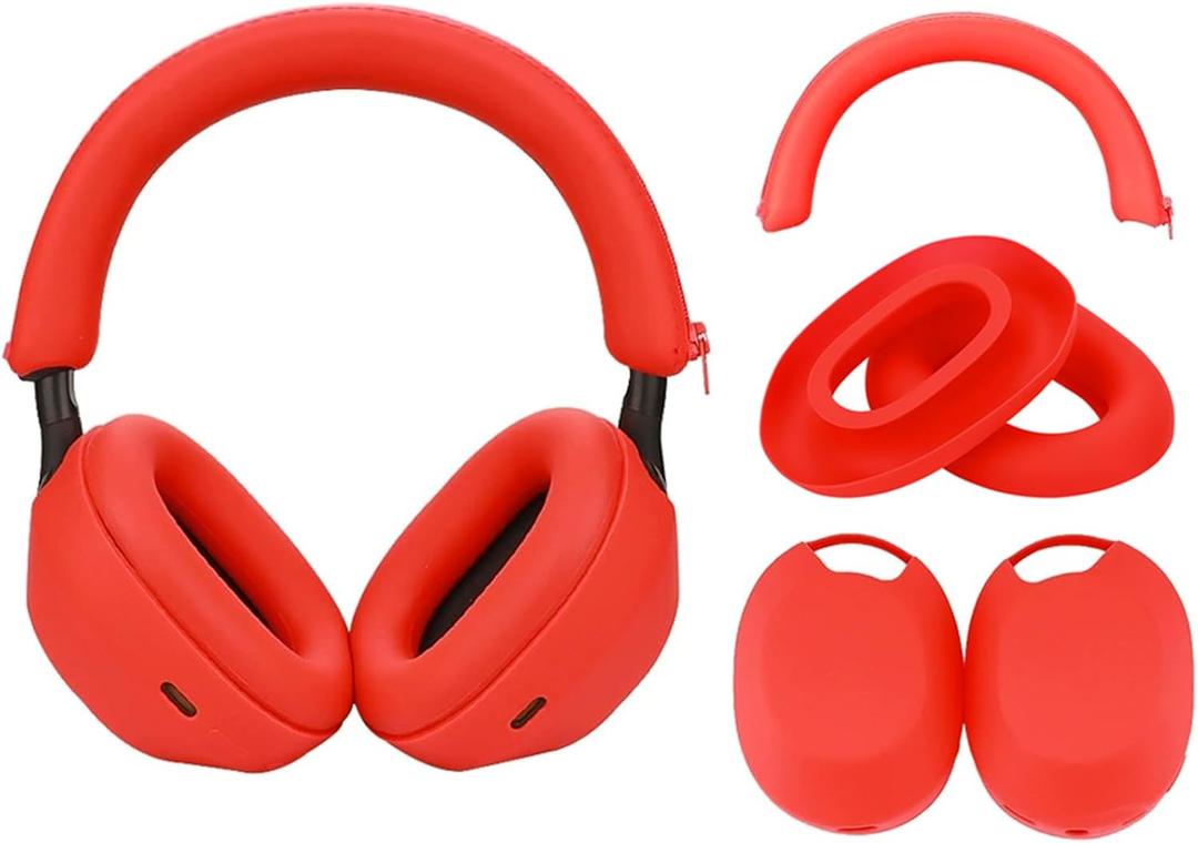 Adhiper 3Sets Silicone Sweat Case Cover for Sony WH-1000XM5 Headphones, Embody XM5 Earpad Covers/Ear Covers/Headband Cover Protector, Sweat Proof Soft Silicone Headphone AccessoriesRed