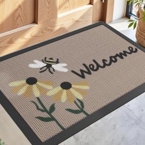 DEXI Front Door Mat Outside Entrance Welcome, Spring Summer Froral Entryway Doormat Dirt Trapper, Heavy Duty Non Slip Entry Mats for Patio Garage Porch Home Decorative, 24x36, Bee and Flower