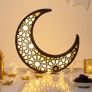 Yookeer Crescent Moon Lamp Wooden Eid Table Night Light Decor 10'' Ramadan Mubarak Moon Shaped Lamp USB Wooden Ramadan LED Lights Table Decoration for Muslims Islamic Bedroom Home Decor Gift