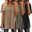 Huukeay 3 Pack Oversized Shirts for Women V Neck Workout T Shirt Casual Side Split Tee Short Sleeve Loose Tops Tunic Tops, Size Medium