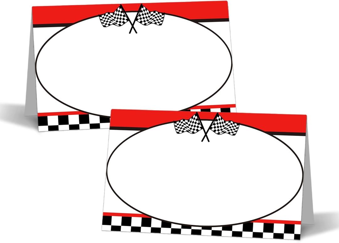 Racing Car Table Place Cards - 25PCS Tent Cards - 2.1 x 3.5 Two Fast Food Lables - Name Place Cards for Table Setting - Name Cards for Birthday Party Baby Shower - Scored for Easy Folding -17