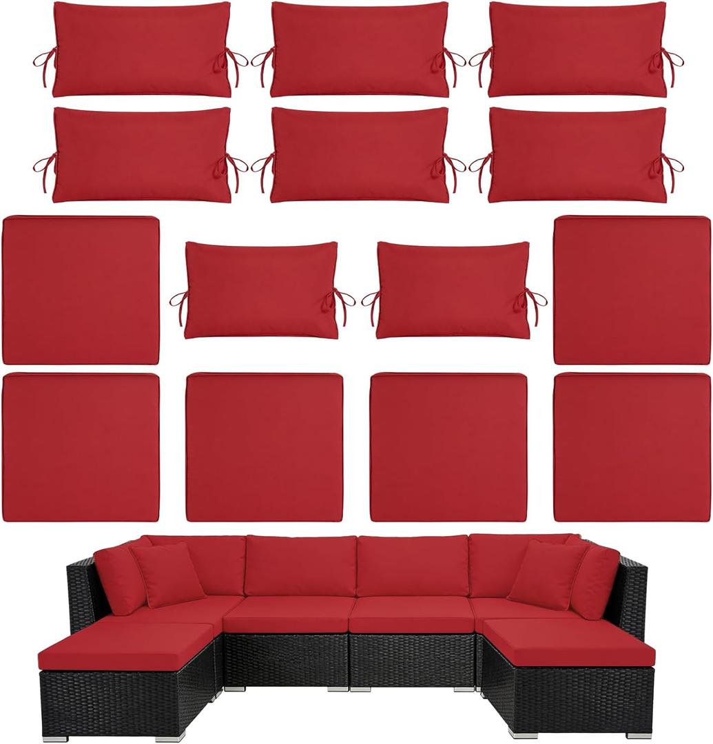 14PCS Outdoor Patio Furniture Cushion Covers, Waterproof & Sun-Resistant Zippered,Fit for Patio Furniture Sectional Sofas and Wicker Rocking Chairs,3 Sizes,Red. Covers Only