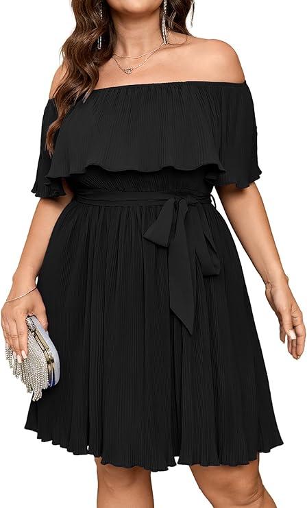 SCOMCHIC Women's Plus Size Cocktail Dress Off The Shoulder Flowy Pleated Wedding Guest Party Short Dress, Size XXL