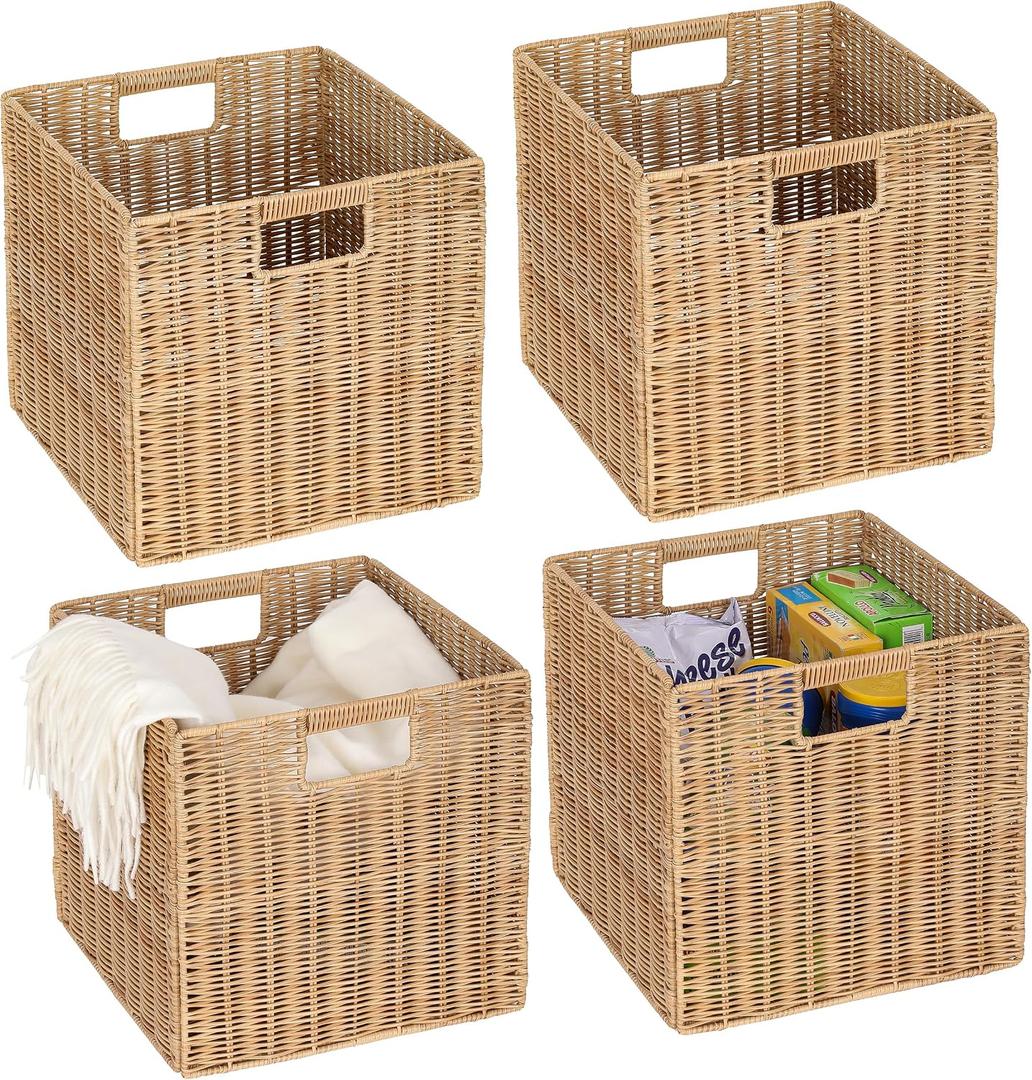 TAIMEI&G02 12x12x12inch Plastic Wicker Cube Baskets Large Square Foldable Handwoven Laundry Organizer,Set of 4Khaki