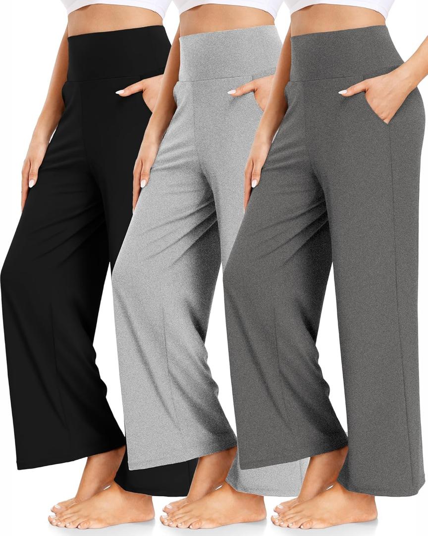 FULLSOFT 3 Pack Women's Wide Leg Yoga Pants Comfy Loose Sweatpants High Waisted Lounge Casual Pants with Pockets (Medium, Black, ebony, slate Heather)