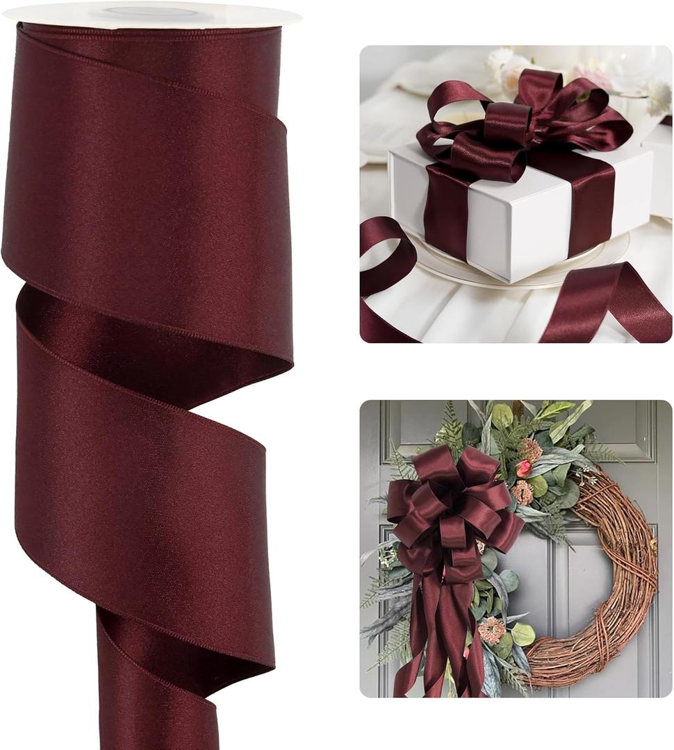 HUIHUANG Burgundy Satin Wired Ribbon 2.5 inch Wine Red Double-Faced Satin Wire Ribbon for Wreaths, Bows Making, Gift Wrapping, Home Decor, Crafts, Christmas Tree Bows-Continous 10 Yards