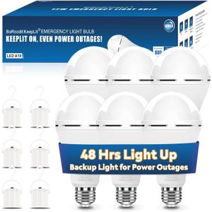 BoRccdit KeepLit 6 Pack Emergency Rechargeable Light Bulbs, 48H Long Lasting & 3 Brightness Battery Light Bulb,12W 5000K Battery Backup Emergency Lights for Home Power Failure,Hurricane Supplies