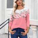 Zeagoo Womens Tops 3/4 Length Sleeve Blouses Dressy Casual Shirt Pleated Front Tunic Floral Printed Spring Clothes (Pink, XXXL)