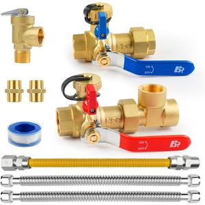 3/4 Inch Tankless Water Heater Valve Kit with Pressure Relief Valve and Gas Connectors,Clean Brass & NPT Thread